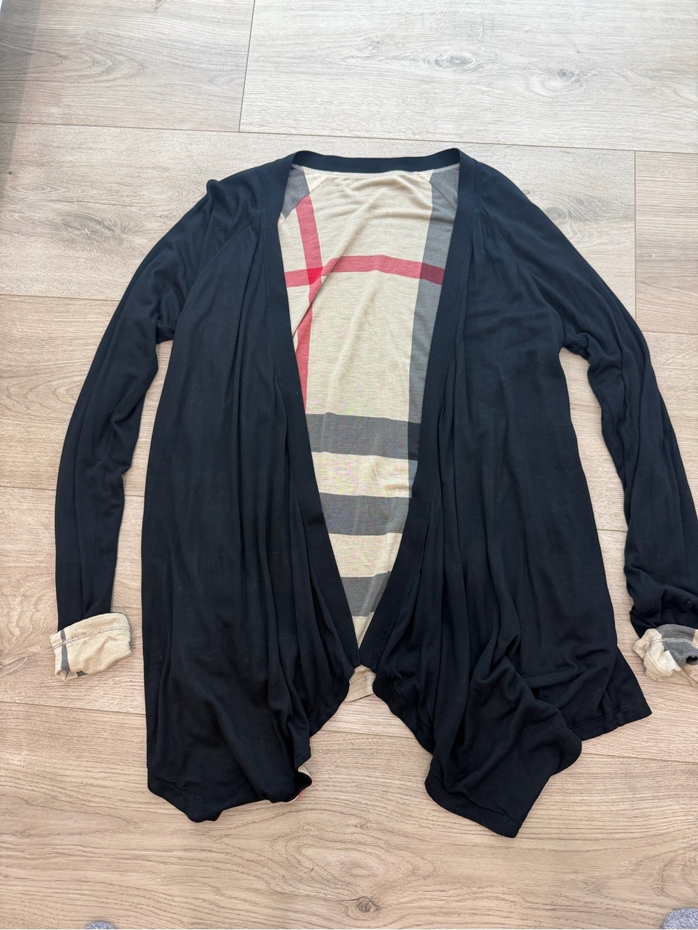 Burberry Black Draped Cardigan with Signature Check Lining Reversible